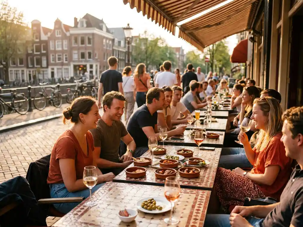Tapas en wijn op een mozaïektafel bij een Mediterraan terras in De Pijp, Amsterdam, met kasseien en bakstenen gevels op de achtergrond.