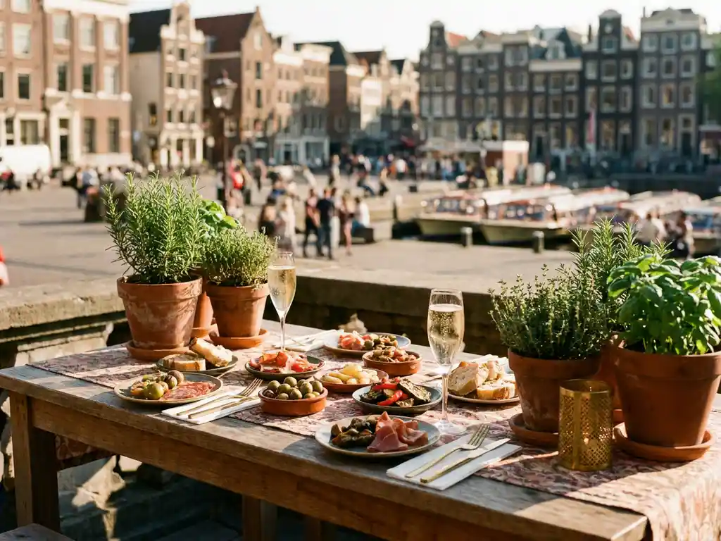 Mediterraan terras in Amsterdam met tapas, glazen cava en terracottapotten vol kruiden in gouden middaglicht.