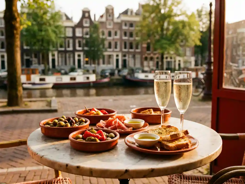 Mediterraan terras in Amsterdam met tapas, cava en olijfolie op een marmeren bistrotafel, grachtenhuizen op de achtergrond.