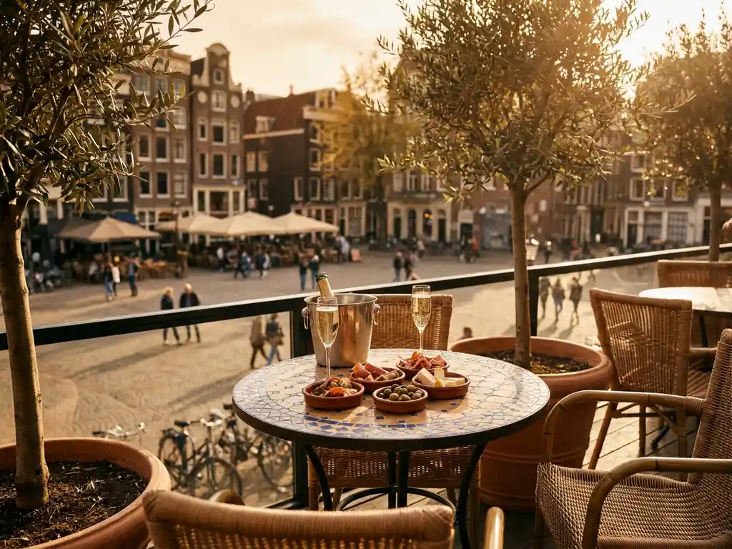 Mediterraan terras in Amsterdam met tapas in terracottaschaaltjes en cava op een mozaïektafel, omringd door olijfbomen in gouden middagzon.