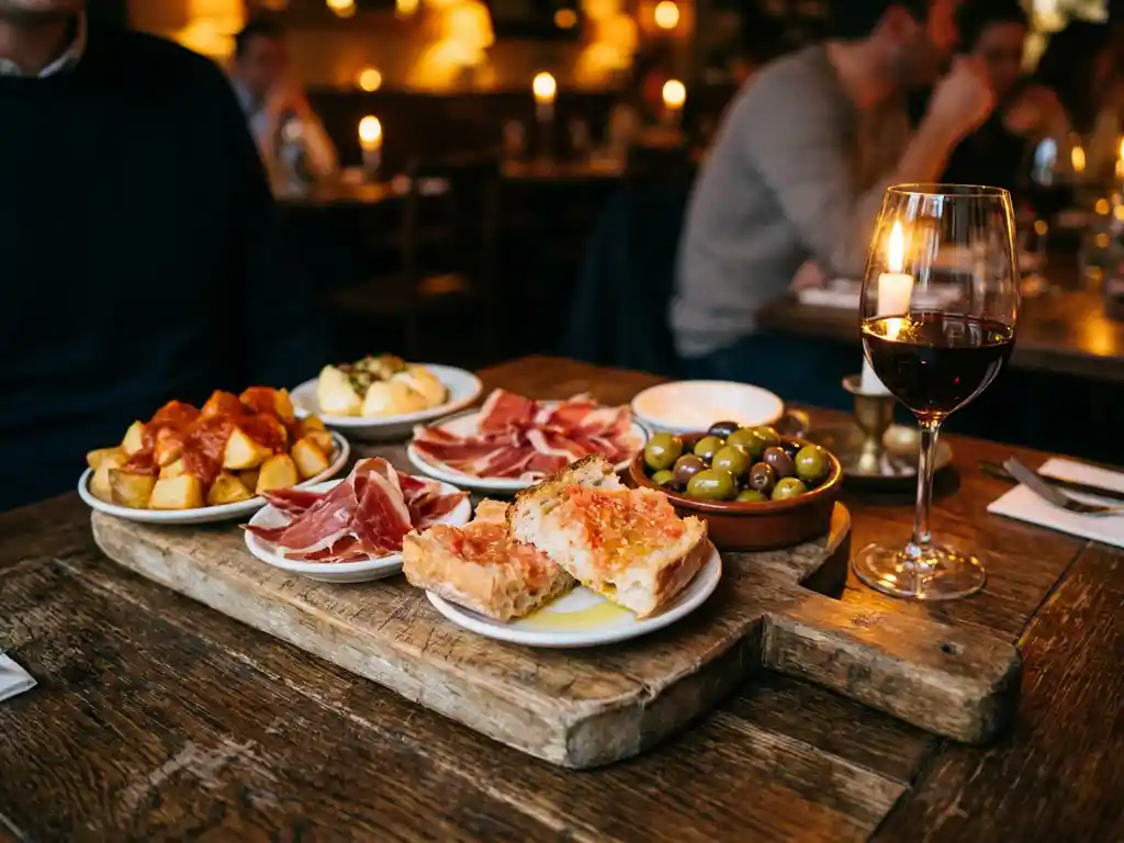 Rustiek houten plank met Spaanse tapas: patatas bravas, jamón ibérico, pan con tomate en olijven, naast een glas rode wijn bij kaarslicht.