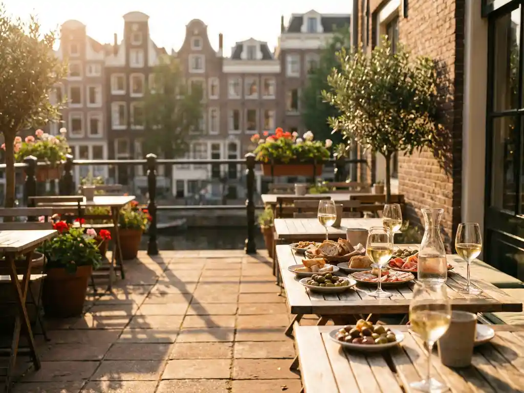 Mediterraan terras in Amsterdam met tapas en gekoeld wijnglas in warm middagzonlicht, terracotta tegels en Hollandse gevelhuizen op de achtergrond.